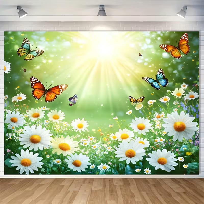 2D Spring Daisy Butterfly Sunlight Backdrop Floral Nature Photo Background Cloth