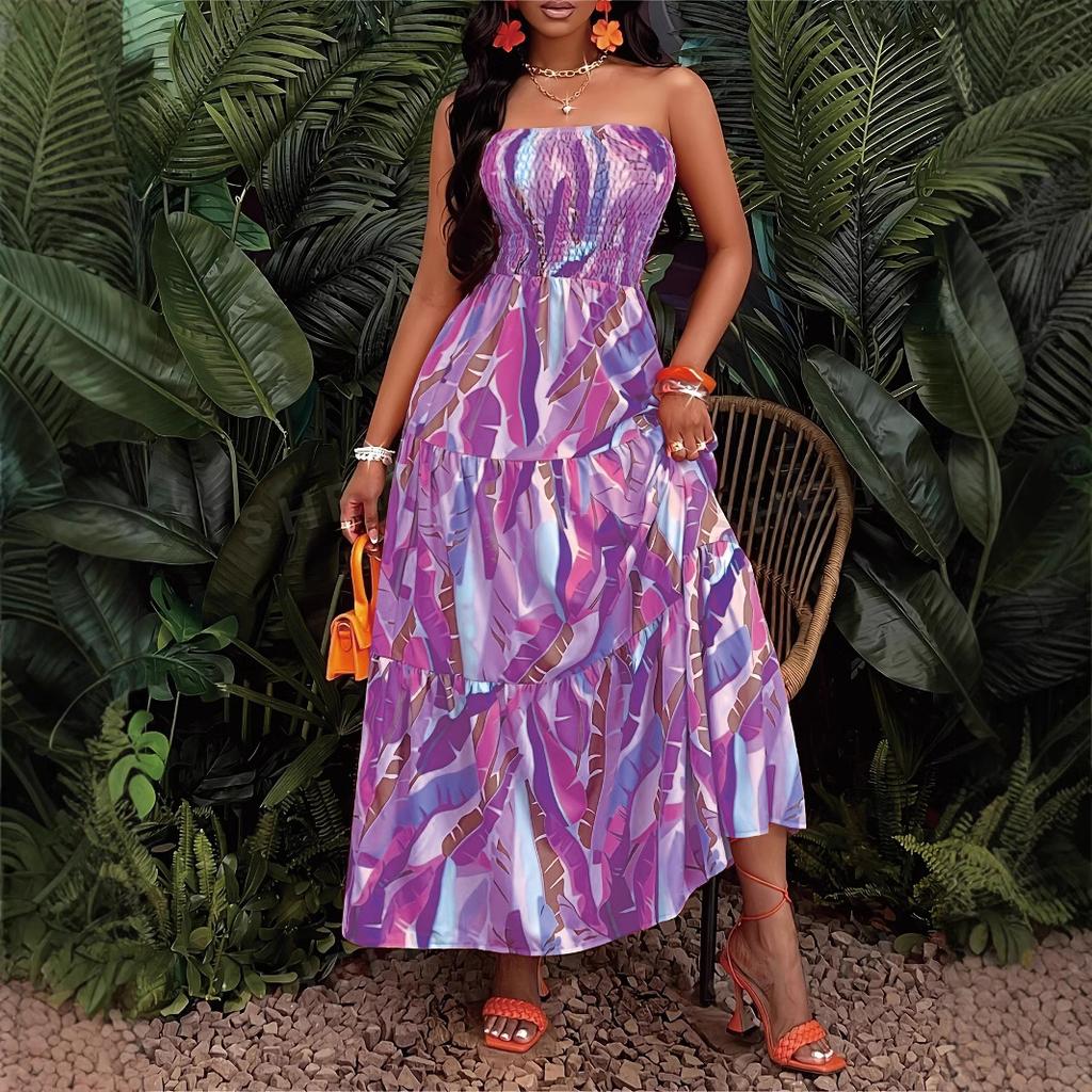 Women's sexy dress strapless elastic waist printed long dress