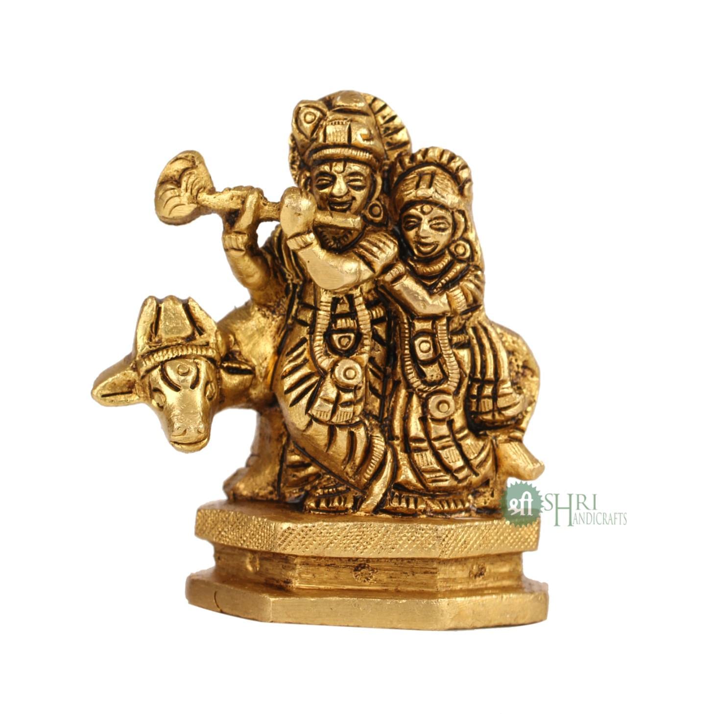 Gold Radha Krishna Idol Sculpture With Cow, Decorative Showpiece Figurine - 7 Cm