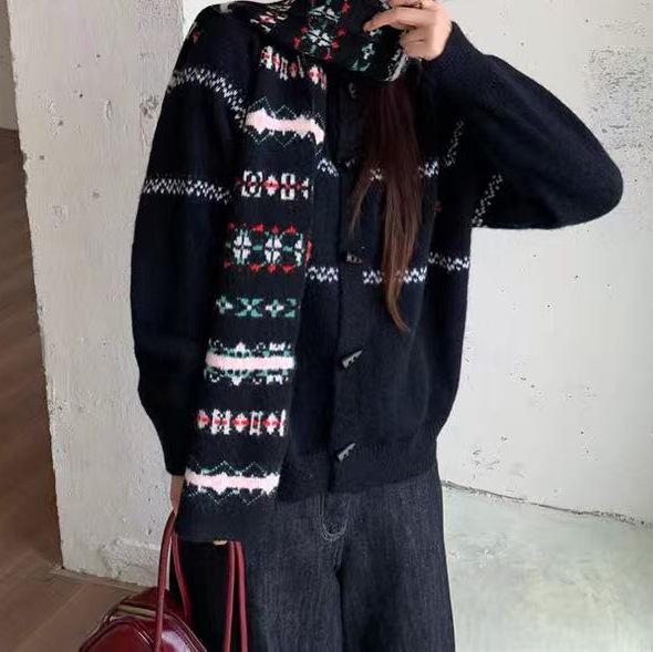 Korean Style Soft Knit Cardigan for Women - Fluffy Horn Button, Retro Embroidery, Lazy Style Sweater for Autumn/Winter