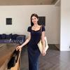 Summer new French square neck pleated bow dress women's summer royal sister spice girl hip-wrapped fishtail dress