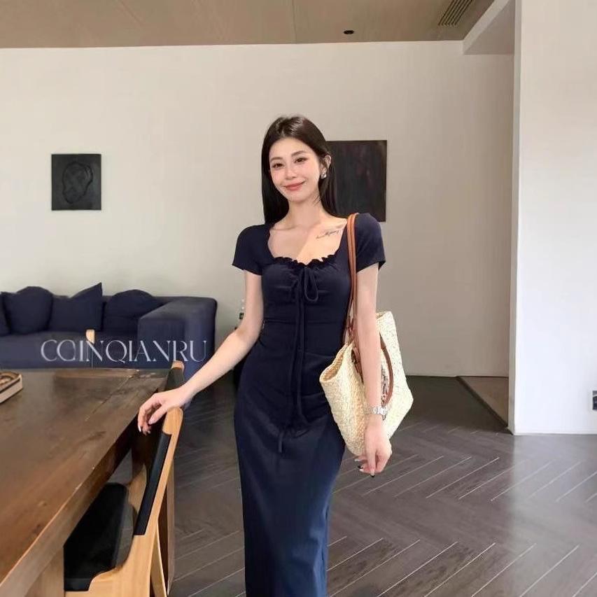 Summer new French square neck pleated bow dress women's summer royal sister spice girl hip-wrapped fishtail dress