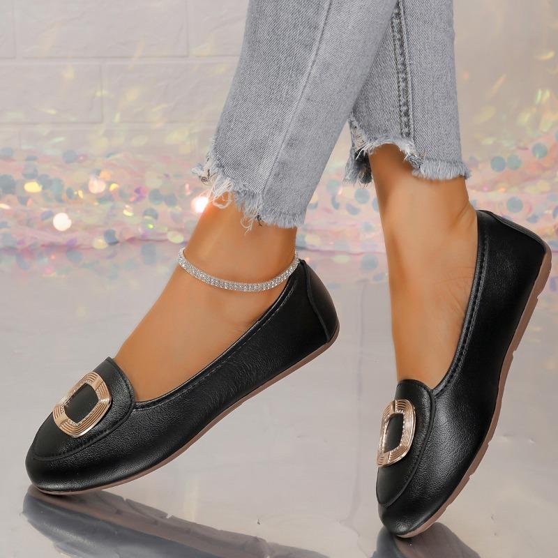 Fashion Autumn New Flat Shoes Women's Fashion Round Head Shallow Mouth Metal Buckle Soft Sole Anti-slip Wear-resistant Low-top Shoes