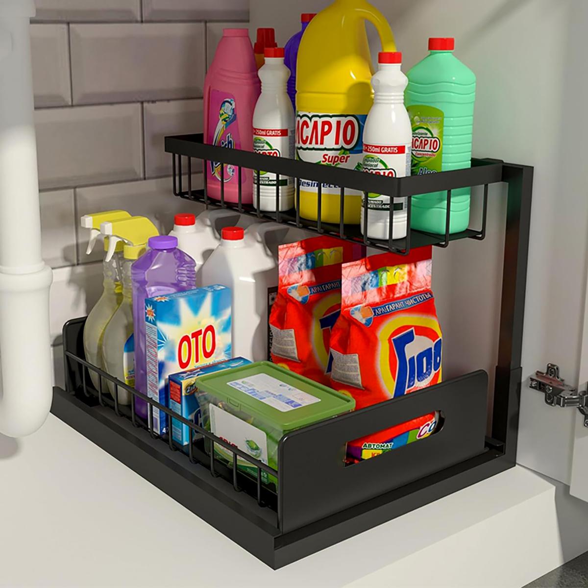 

Кухонная полка из углеродистой стали Двойные полки, экономящие место Выдвижная конструкция Настольная/Подвесная Двойное использование чёрный