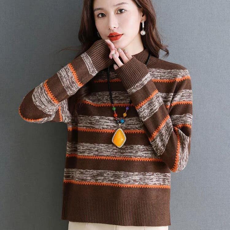 Fashionable Knitted Sweater for Women Half Turtleneck Striped Base Shirt New Style Autumn and Winter Sweater S