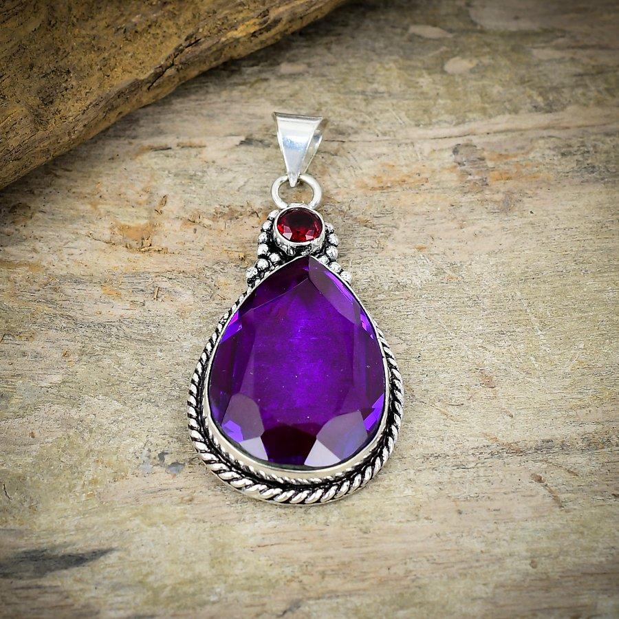 Pink Amethyst, Garnet Gemstone 925 Sterling Silver Jewelry Pendant 2.36" M-190