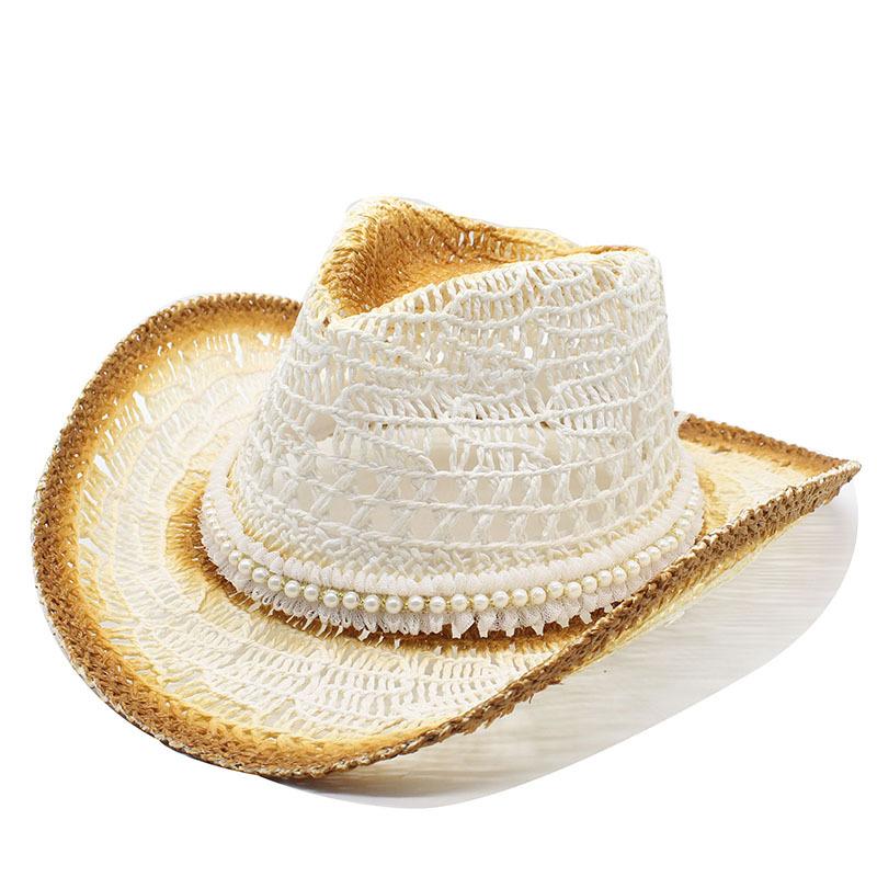 

Раскрашенная распылением соломенная шляпа ковбоя, жемчужная шляпа, шляпа ручной работы Maran Western Cowboy Hat, этническая шляпа от солнца M（56-58cm） молочный белый