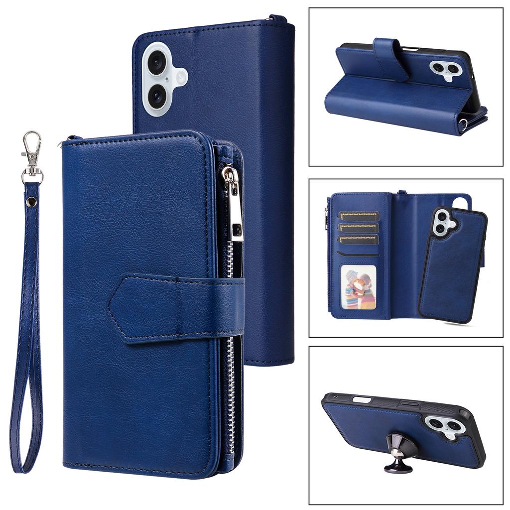 For iPhone 16 Plus Magnetic Leather Case Mobile Cover with Detachable Zipper Wallet Strap