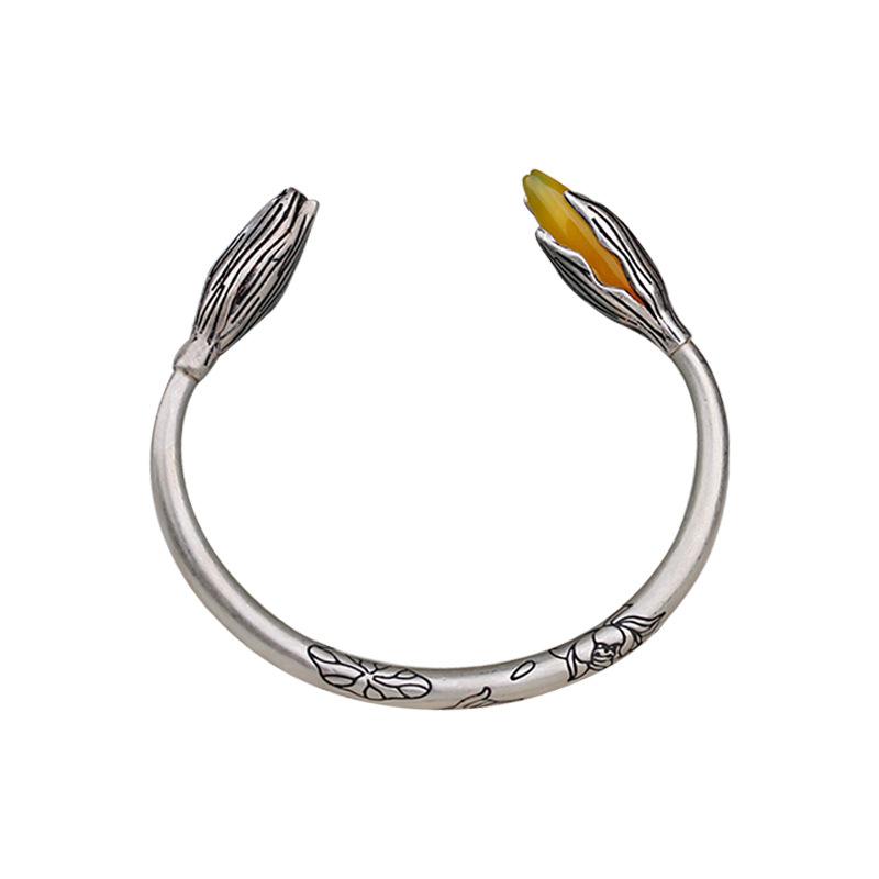 Personality Lotus Leaf Design Chalcedony Stone Ethnic Style Vintage Thai Silver Ladies Bangle Jewelry For Women Birthday Gifts