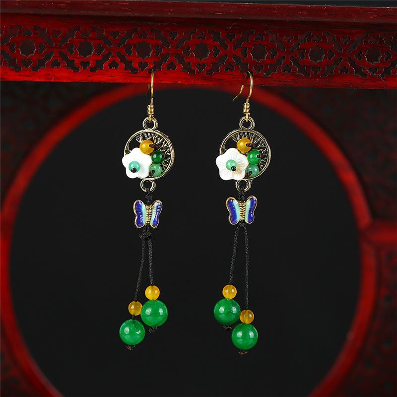 Handmade Classical Jade Fringed Earrings, Retro Female Long Style Temperament Agate Shell Antique Earrings, Earrings.