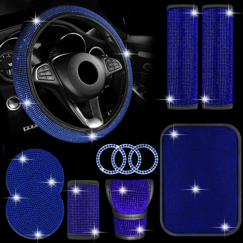 Car Accessories Set 11Pcs Women Bling Fit Steering Cover Gear Shift Pull Cover Armrest Shoulder Pad Coasters Start Stop Stickers