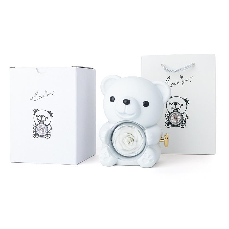 Rotating Acrylic Jewelry Box with Teddy Bear & Eternal Rose for Valentine's Day