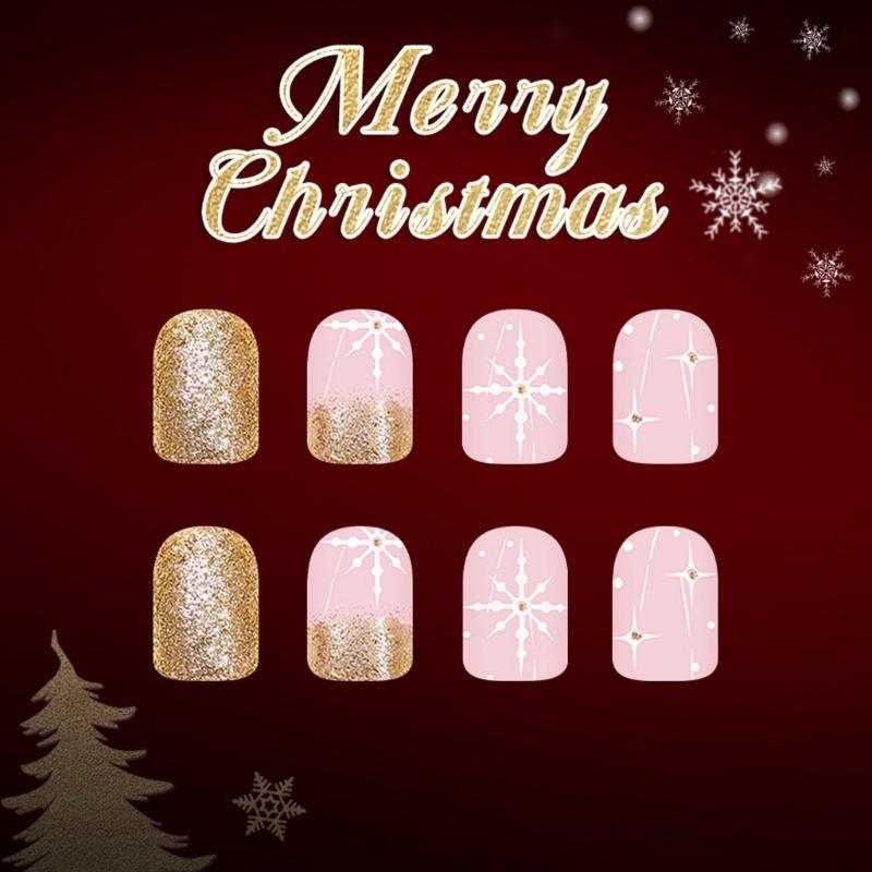 Reusable French Tip False With Sparkling Snowflakes No Required Holiday Manicure ABS Art For Women And Ideas