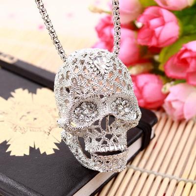 Skull Necklace Vintage European Jewelry Hollow Crystal Long Sweater Chain Pendant Skull Necklace