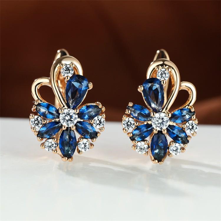 Deep Blue Crystal Zircon Flower Champagne Gold Ear Cuffs Wedding Earrings For Women Elegant Bridal Jewelry
