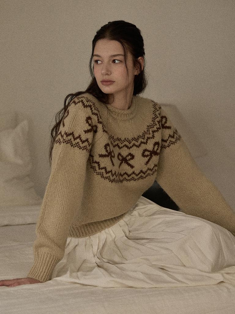 BEMUSE MANSION Ribbon Nordic Knit - Ivory