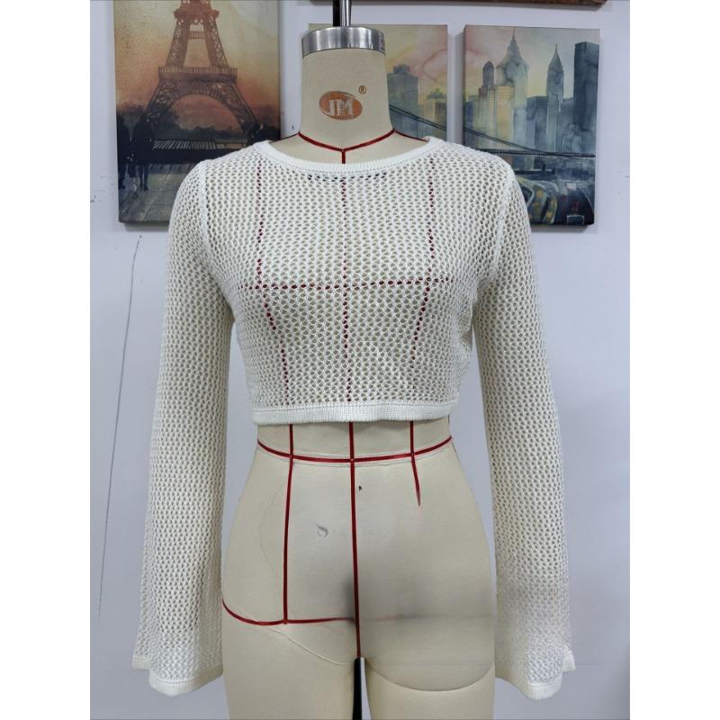 Women's Summer Hollowed Out New Long Sleeve Sleeve Knitted Short Sleeve Solid Color Top