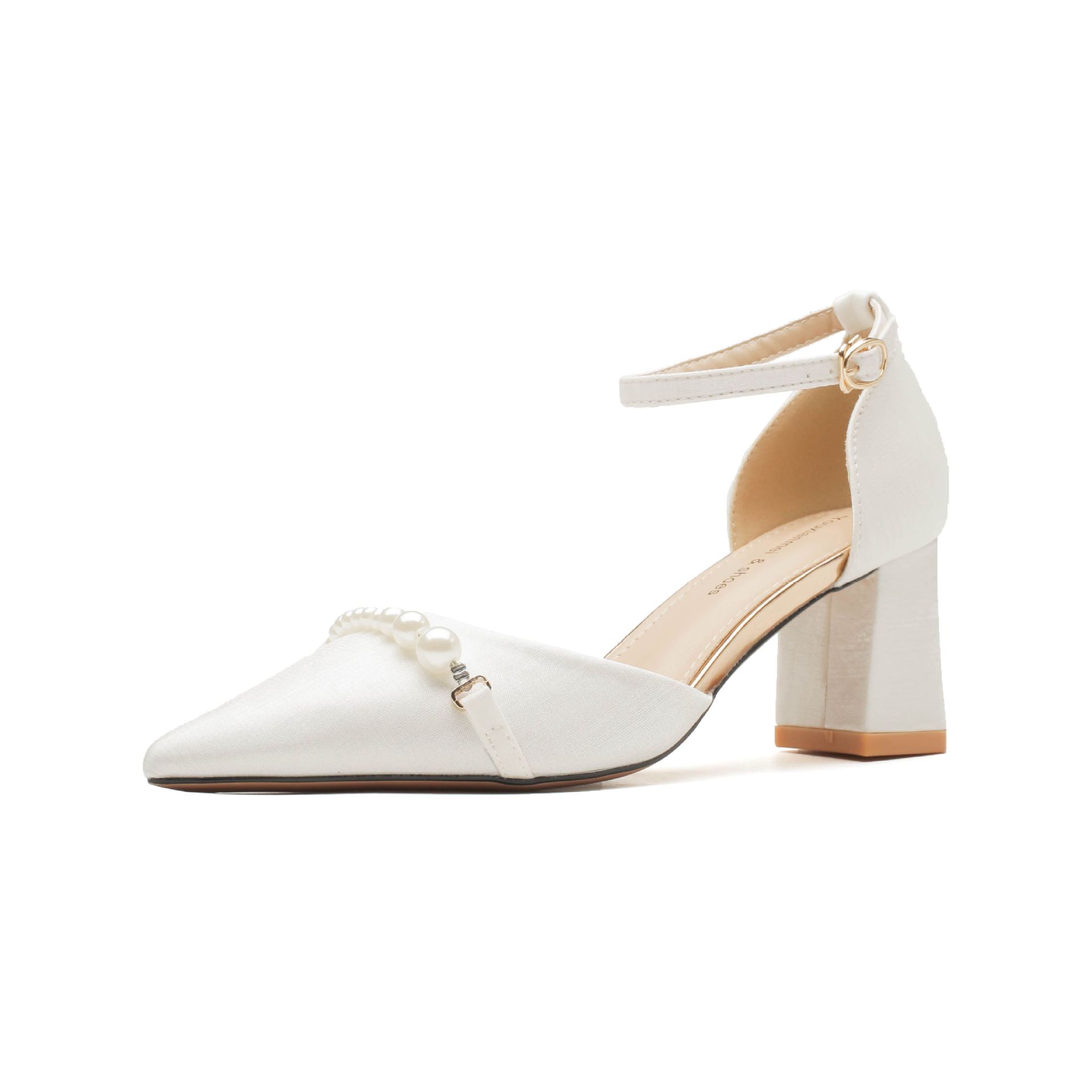 

Грубий каблук з перлинним ланцюжком, атласний ремінець з одним словом, весільні туфлі на високих підборах, весільна сукня відповідного темпераменту ретро 40