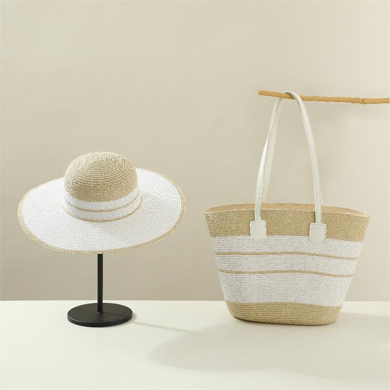 Woven Sun Hat And Large Capacity Straw Tote With Striped Pattern For Travel And Casual Wear