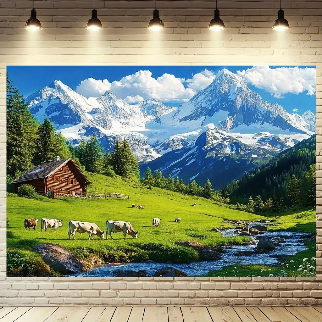 1pc Alps tranquil photography backdrop with mountain hut and green meadow for weddings, events and parties