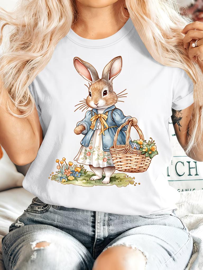 Easter Gift Womens Summer Apparel Jacquard Basket Lady Rabbit Print Round Neck Short Sleeve TShirt Comfortable Soft