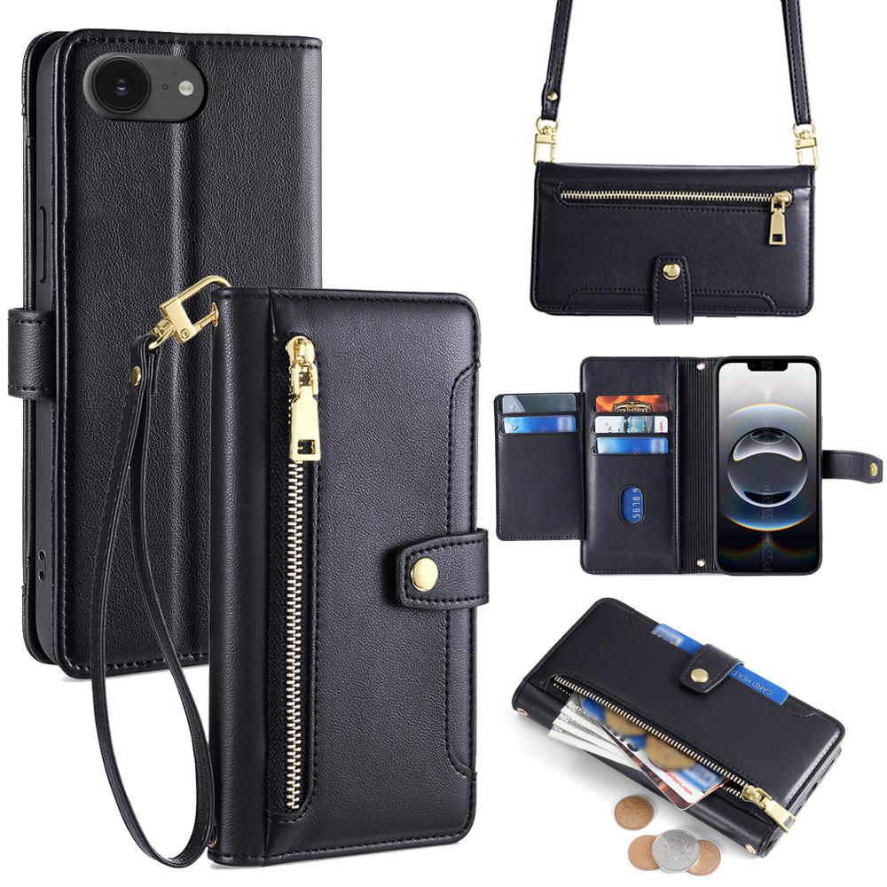 For iPhone 16e Case Zipper Pocket Wallet Leather Phone Cover with 2 Straps