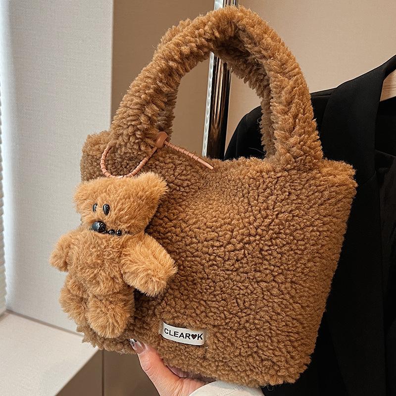 Fashionable Furry Crossbody Bag, Plush Bucket Bag, Hand-held Small Handbag