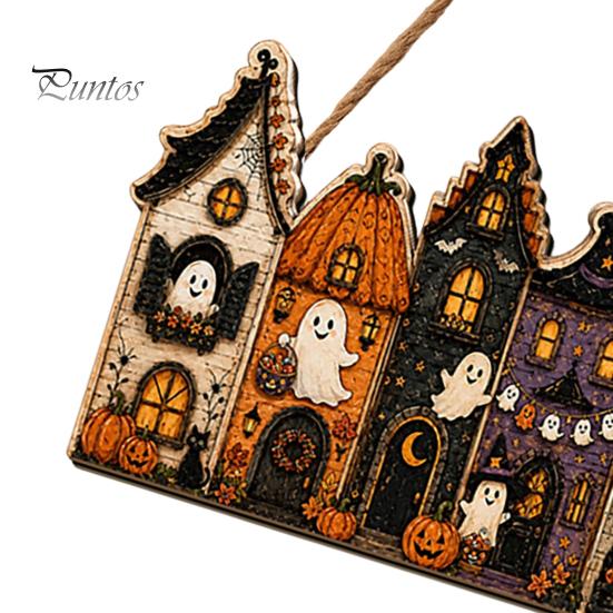 Halloween Door Sign 2D Wooden Hanger Sign, Pumpkin Ghost Vintage Town Building Welcome Rustic Seasonal Wall Plaque with Hanging Rope, Front