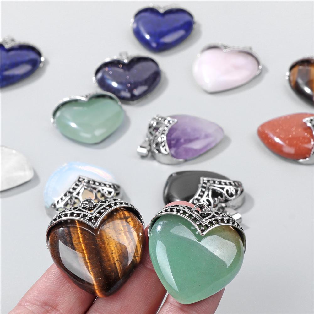 2pcs Natural Stone Heart Shape Necklace Pendant Healing Love Crystal Pendants Amethysts Charms Necklaces Jewelry Women 31*35MM