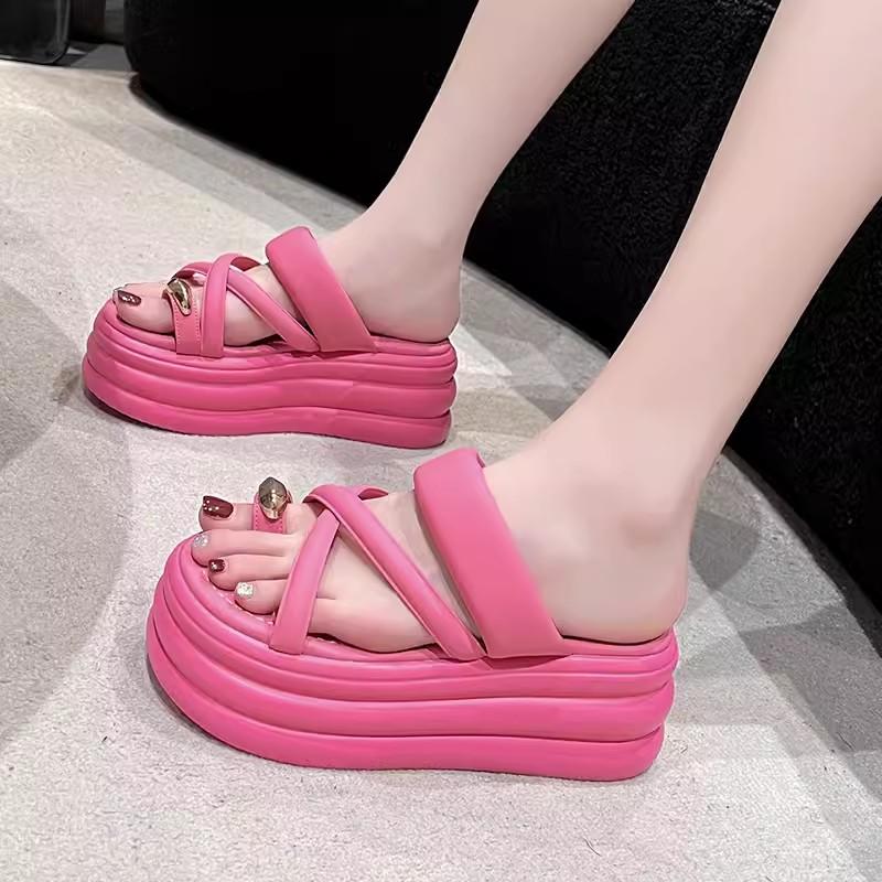 fashion 2024 Women Clip Toe Chunky Platform Sandals High Heels Gladiator Slippers Woman Trendy Summer Bling Beach Leisure Flip Flops 7CM