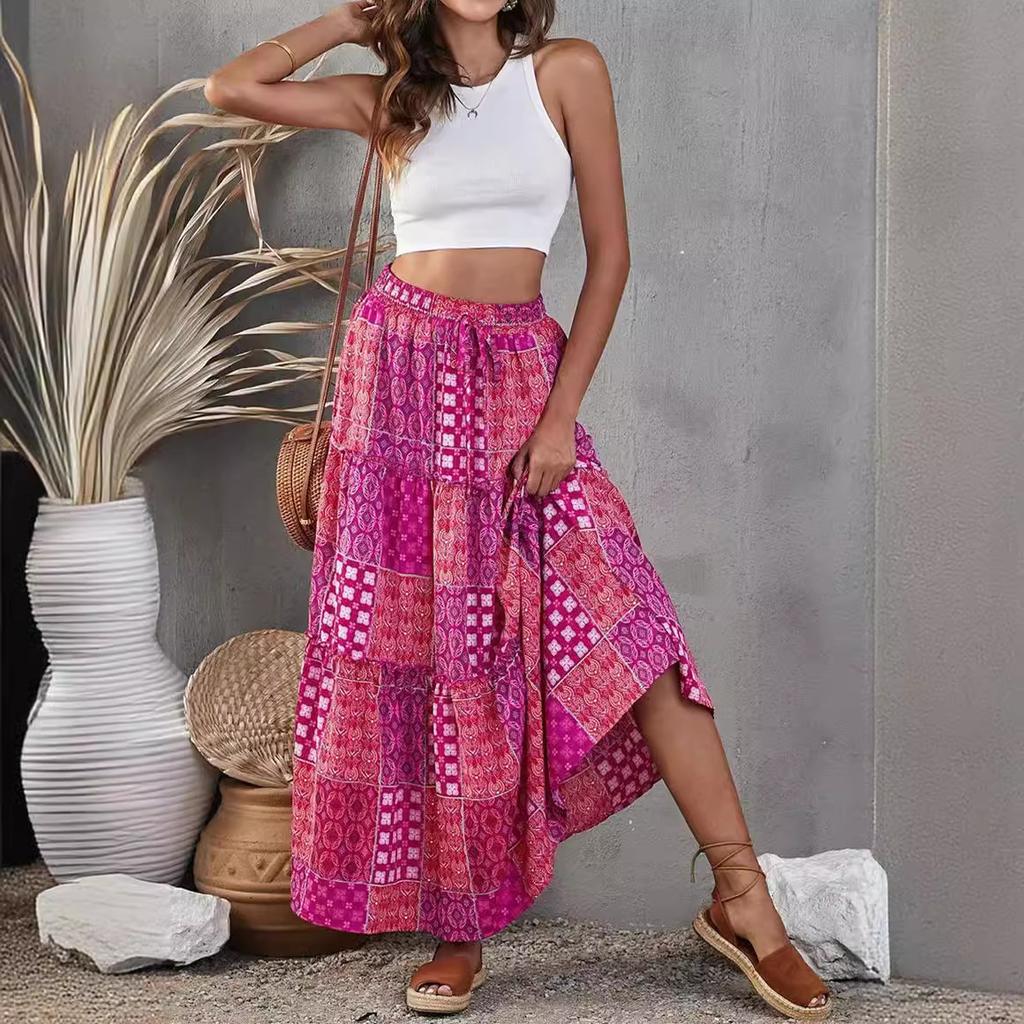 Letní dámská sukně Bohémská plážová sukně s potiskem Oversized Swing Sukně do půl těla