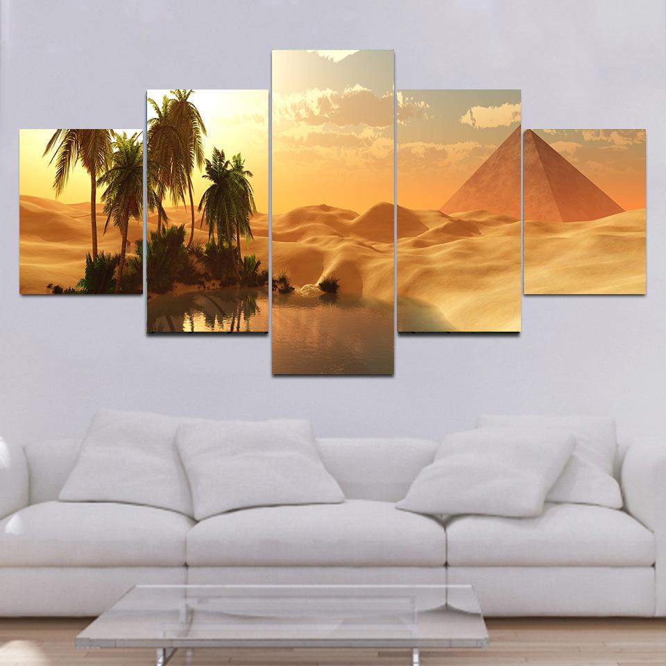 5 Panels Oasis In Sandy Egyptian Desert Pyramid Canvas Painting Landscape Posters and Prints Wall Art Home Decor No Frame