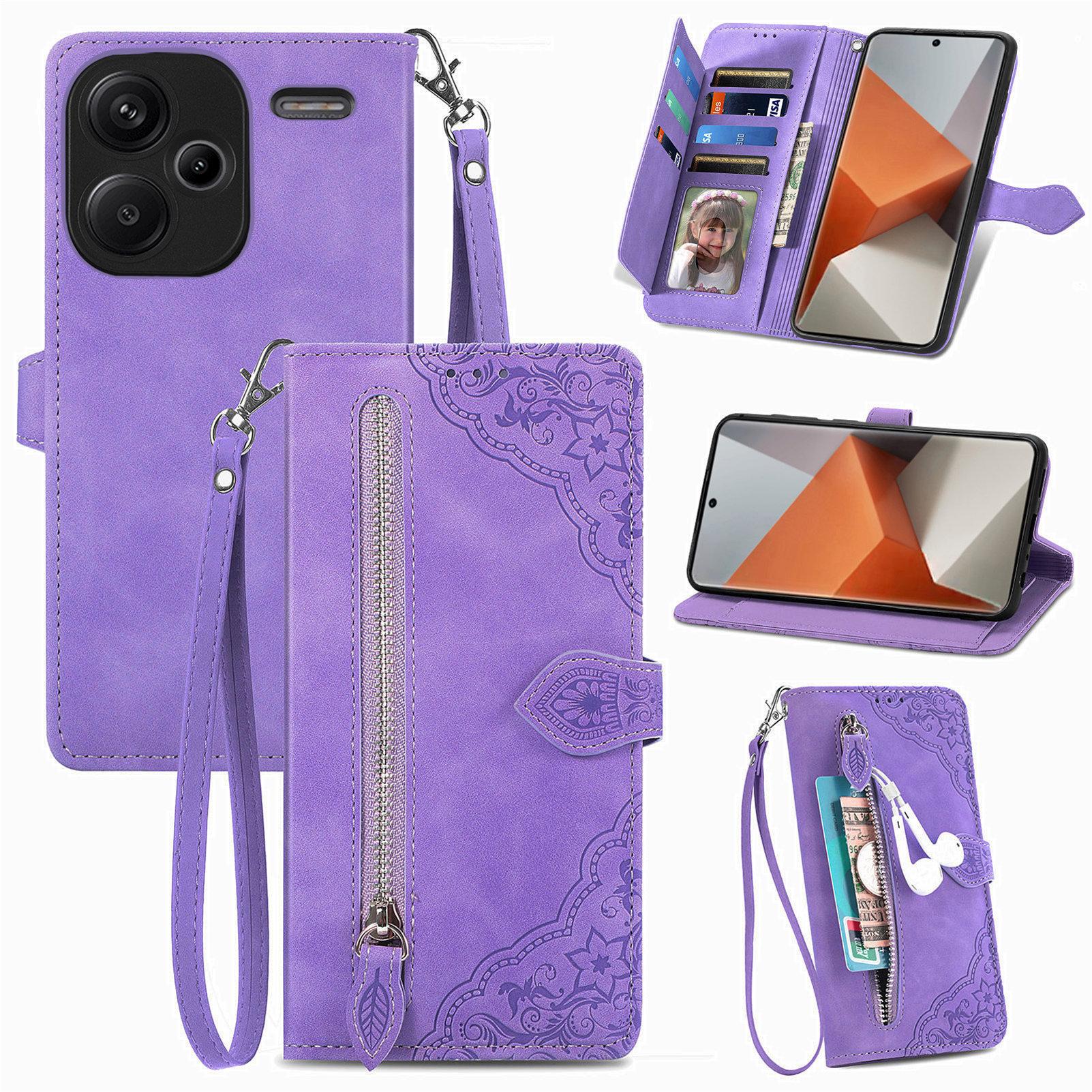 

For Xiaomi Redmi Note 13 Pro+ 5G Zipper Wallet Case with Strap Flower Imprint PU Leather Phone Cover Light Purple