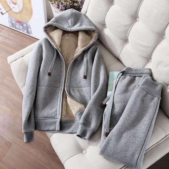 2Pcs/Set Long Sleeves Zipper Closure Elastic Waist Multi Pockets Fleece Lining Women Tracksuit