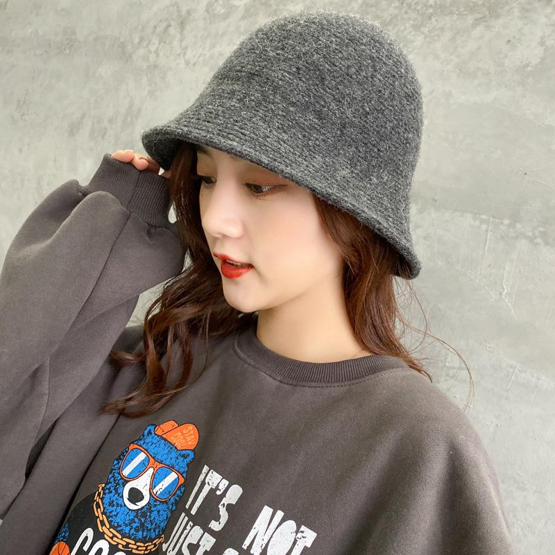 Solid Color Large Brim Wool Bucket Hat Autumn and Winter Plain Retro Washbasin Hat Knitted Bucket Hat