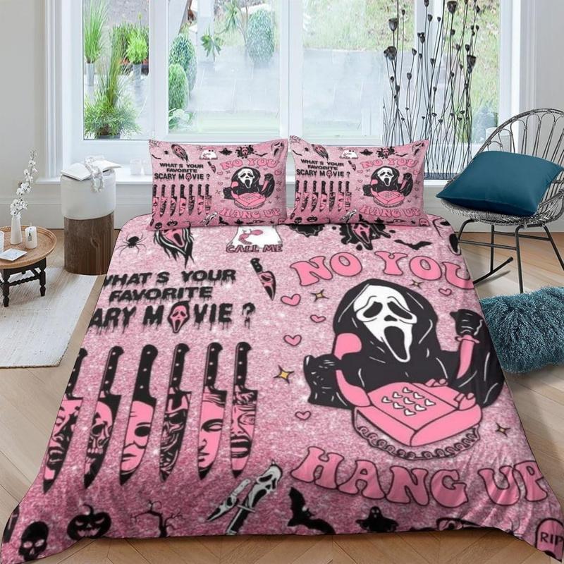 Halloween Bedding Set 3-piece Pink Cartoon Skeleton Duvet Set Funny Horror Ghost