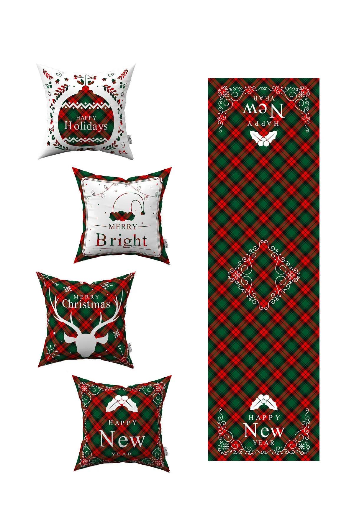 

Красно-зеленый клетчатый новогодний набор из 4 декоративных наволочек и 1 дорожки