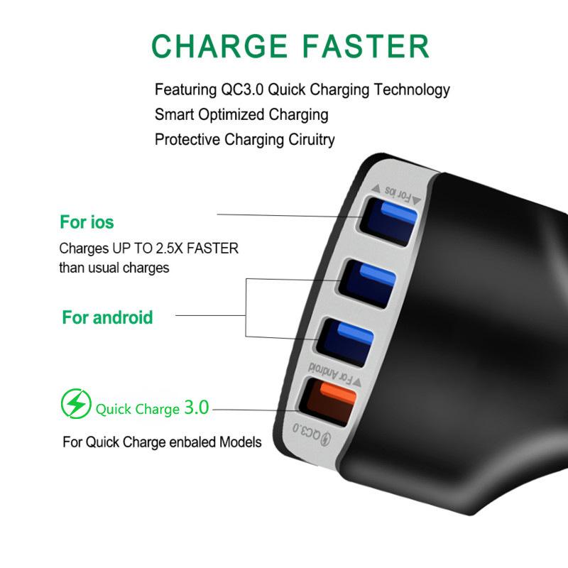 4USB QC3.0 Mobile Car Charger, Multi Port Car Charger, Fast Charging, One To Four Car Charger