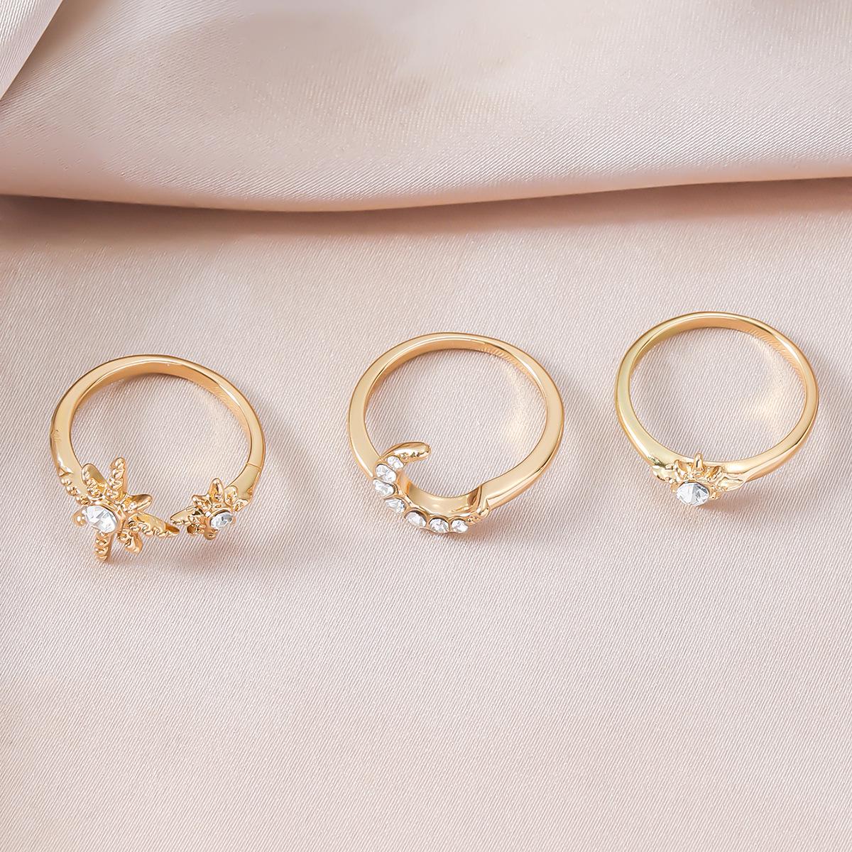 Star and Moon Rhinestone Set: Trendy 3-Piece Retro Metal Alloy Rings