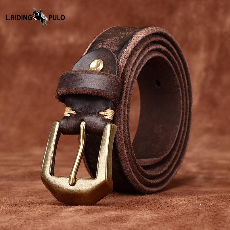 Thickened Genuine Leather Top Layer Cowhide Belt Men's Copper Buckle Rough Edge Fur Bottom Retro Washed Belt