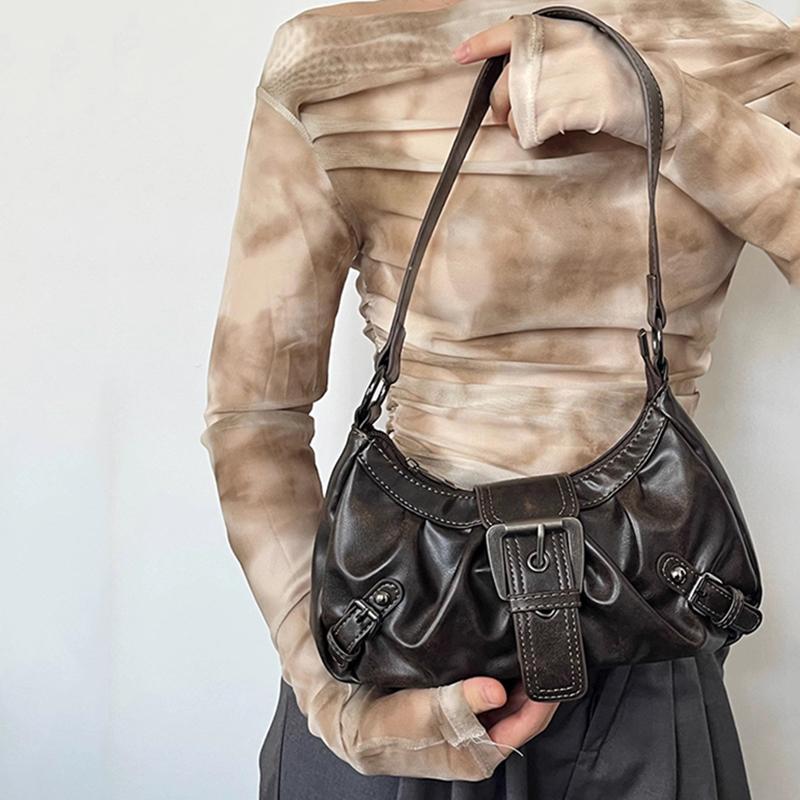 Yogodlns Retro Plisserad Axelväska Mode Maillard Hot Girl Underarmsväska Läder Punk Motorcykelväska Kvinnor Vardagliga Hoboväskor