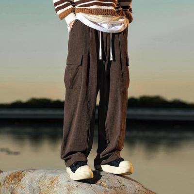 Corduroy Retro Workwear Pleated Pants with Large Pockets - Loose Fit, Straight Leg for Autumn & Winter
