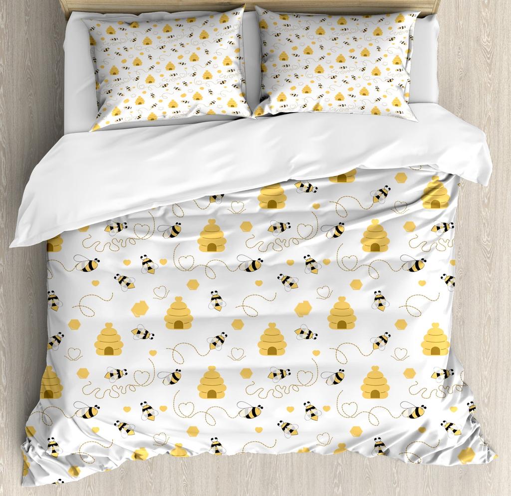 Be Quen Sized Dimensions Soft Duvet Cover Set, Bumble Bes Producing Honey By Filing Honeycombs Cels Themed Graphic Image Print, Soft Warm
