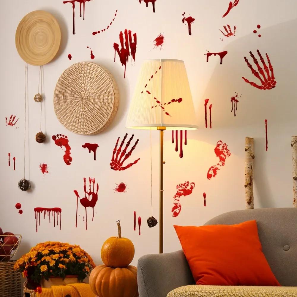 Halloween Window Stickers Terror Bloody Handprint Footprint Indoor Outdoor Spooky Halloween Party Wall Decal Floor Stickers