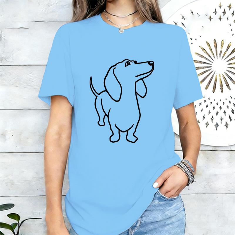 Simplified Line Sausage Dog Print Tshirt Loose Versatile Round Neck Short Sleeve Top Tshirt