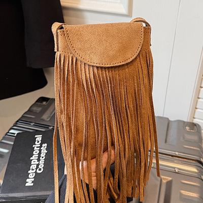 2025 Autumn Retro Matte Suede Fringed Mobile Phone Bag Women's Fashion Trendy Temperament Suede Single Shoulder Messenger Bag