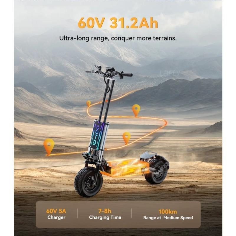 OOTD T90 E-Scooter Peak Power 3000W*2 Motor 60V31.2ah Off-road Electric Scooter 13 Inch Tire All Terrain NFC Features EScooters