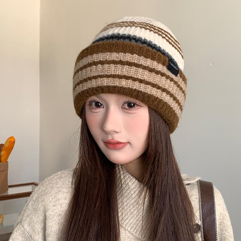Striped Wool Women's Autumn and Winter Korean Style Warm and Versatile Large Head Circumference Pullover Hat Showing Face Small Knitted Hat