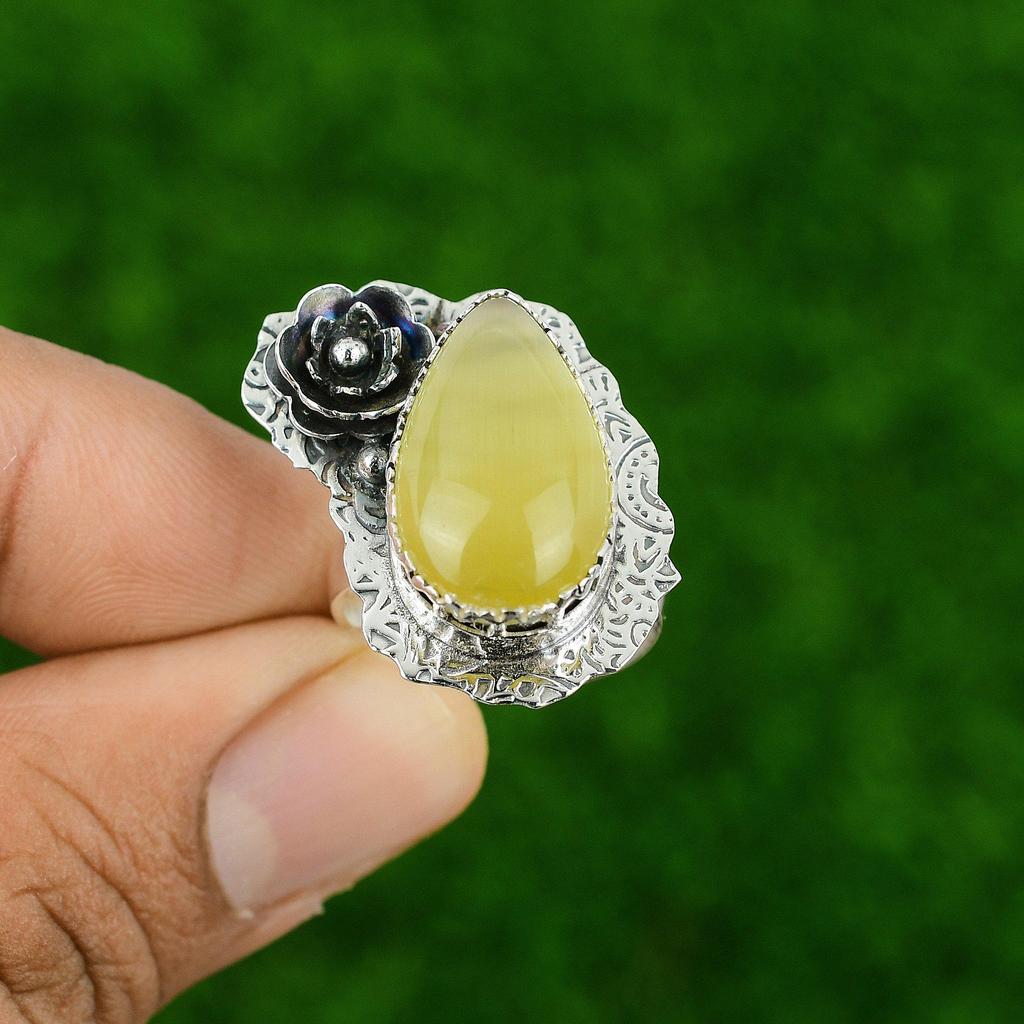 Chrysoberyl Gemstone 925 Sterling Silver Solitaire Bezel Statement Flower Ring