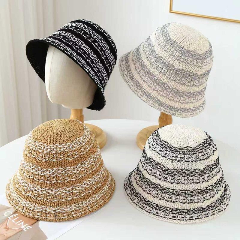 Women's Spring/Summer Outing Hollow-Out Striped Fisherman Bucket Hat Face-Slimming Sunhat Contrasting Color Stripe Fisherman Cap